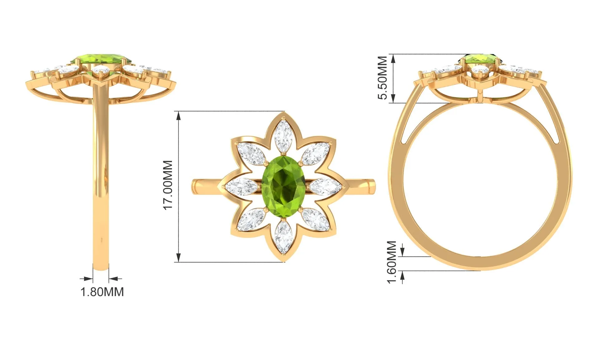 1.25 CT Oval Cut Peridot Cocktail Ring with Moissanite