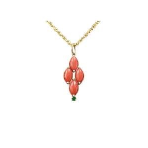 14k Gold Italian Marquise Coral & Tsavorite Pendant