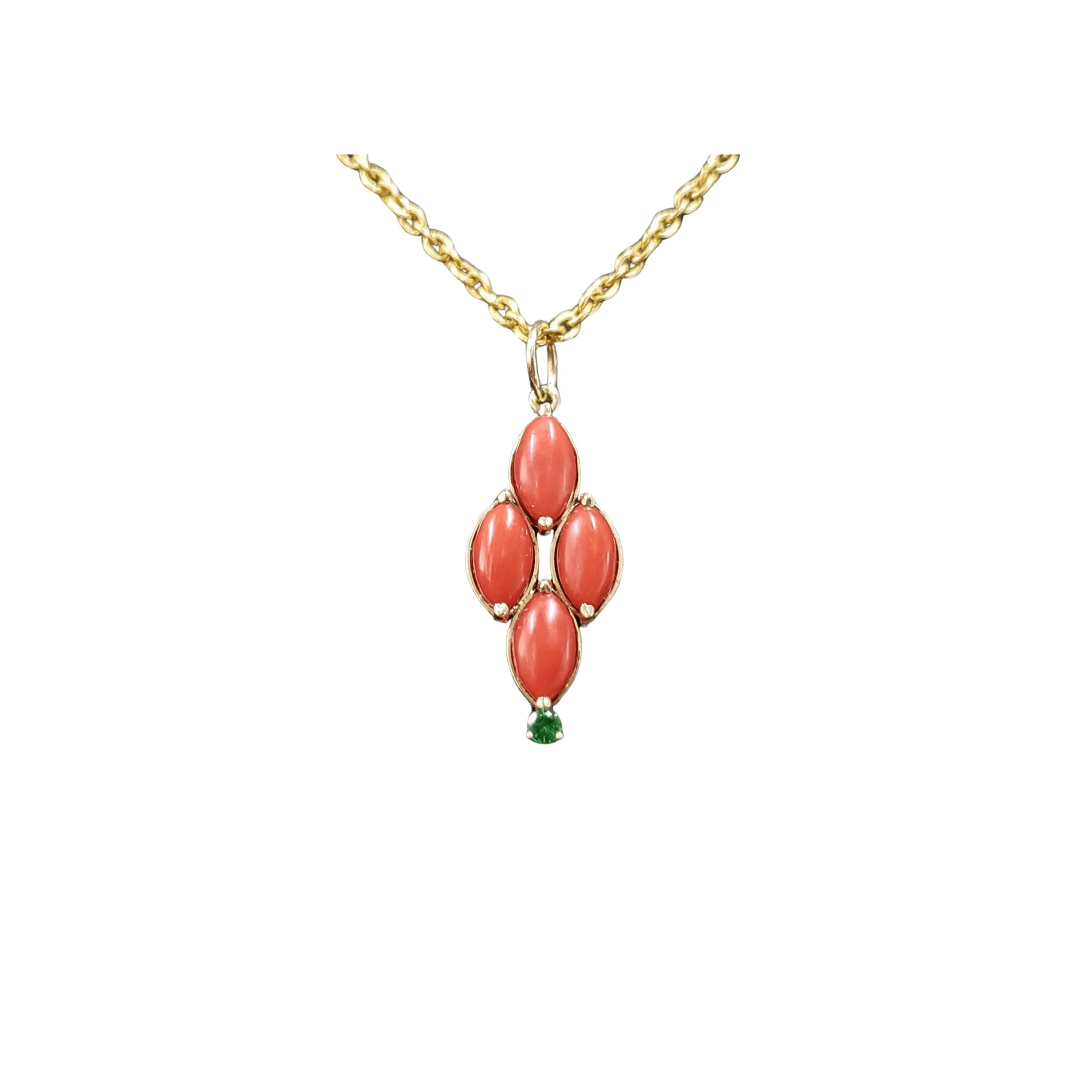 14k Gold Italian Marquise Coral & Tsavorite Pendant