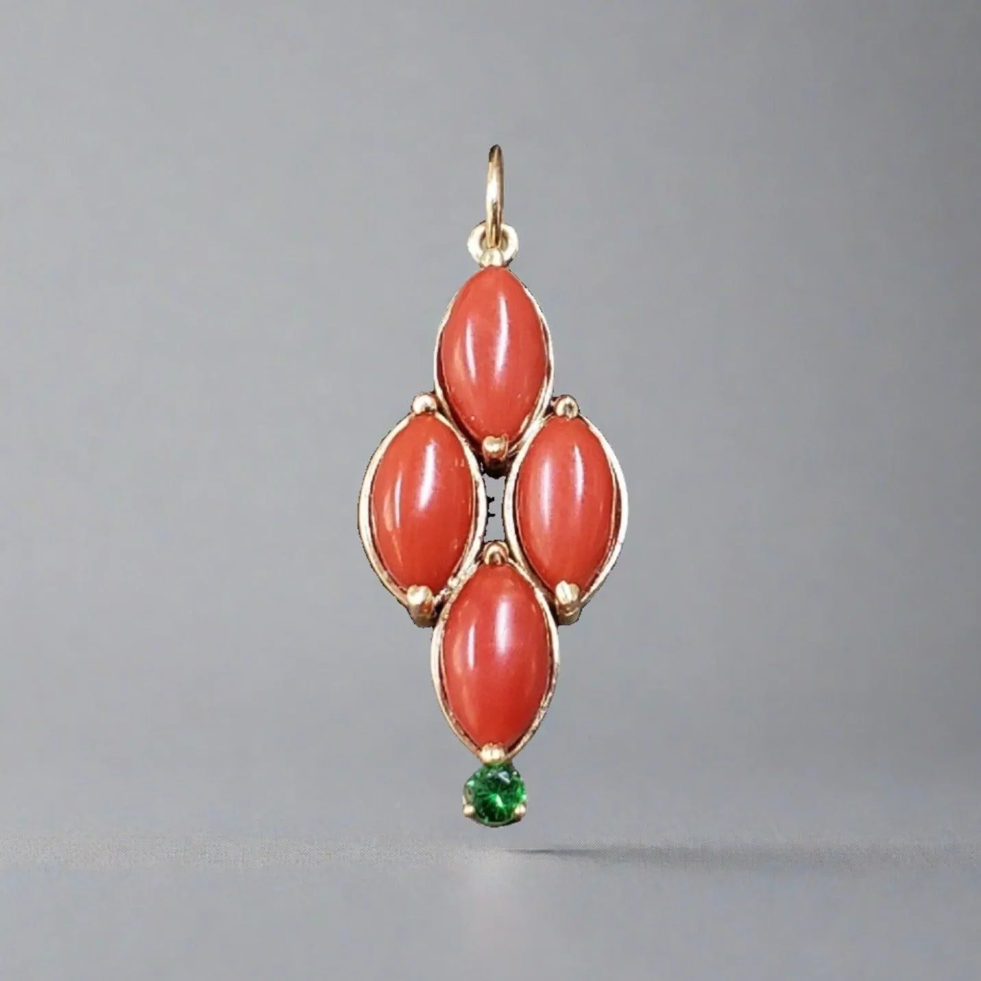 14k Gold Italian Marquise Coral & Tsavorite Pendant