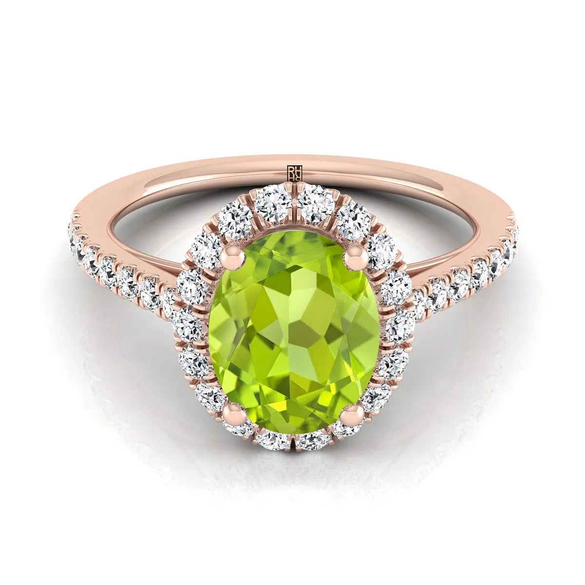 14K Rose Gold Oval Peridot Petite Halo French Diamond Pave Engagement Ring -3/8ctw