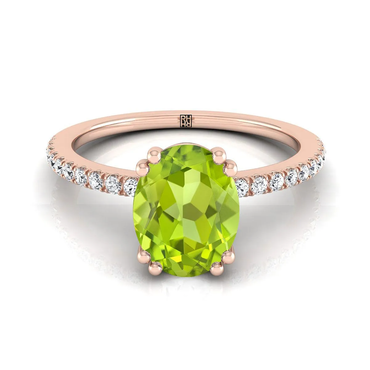 14K Rose Gold Oval Peridot Simple French Pave Double Claw Prong Diamond Engagement Ring -1/6ctw