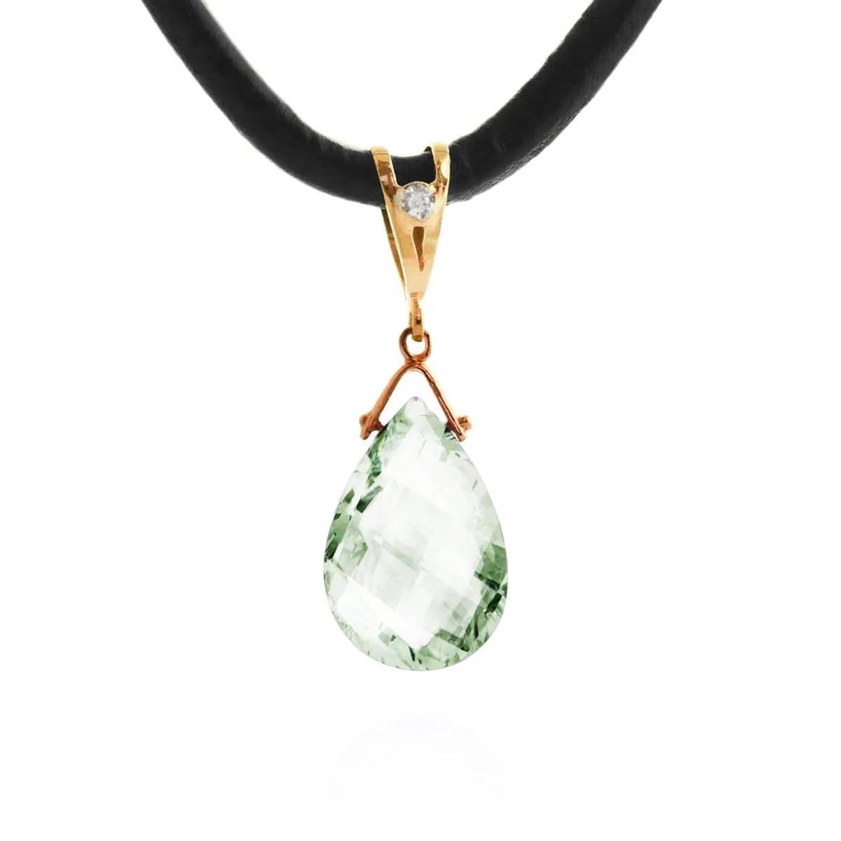 14K Solid Rose Gold & Leather Diamond/Green Amethyst Necklace