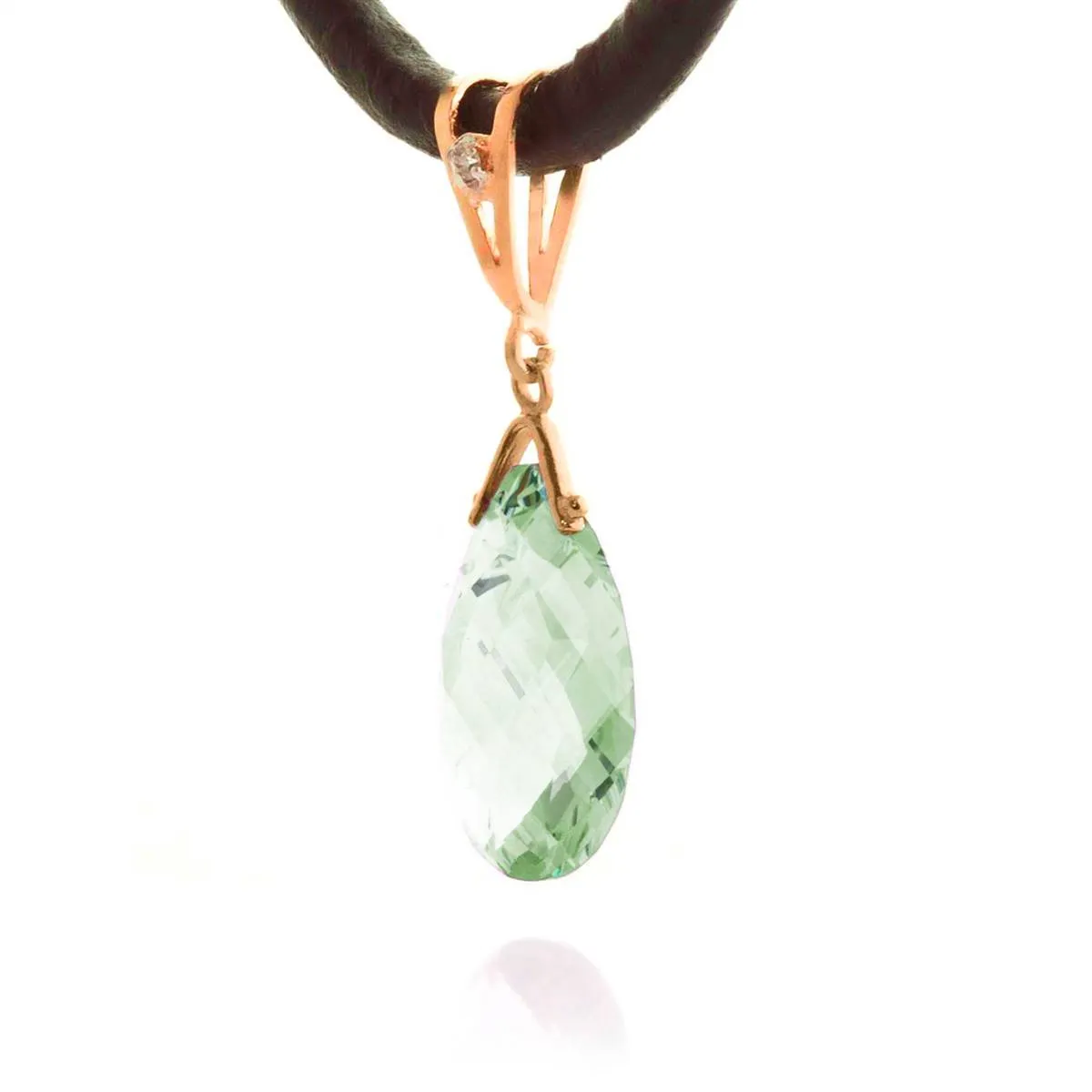 14K Solid Rose Gold & Leather Diamond/Green Amethyst Necklace