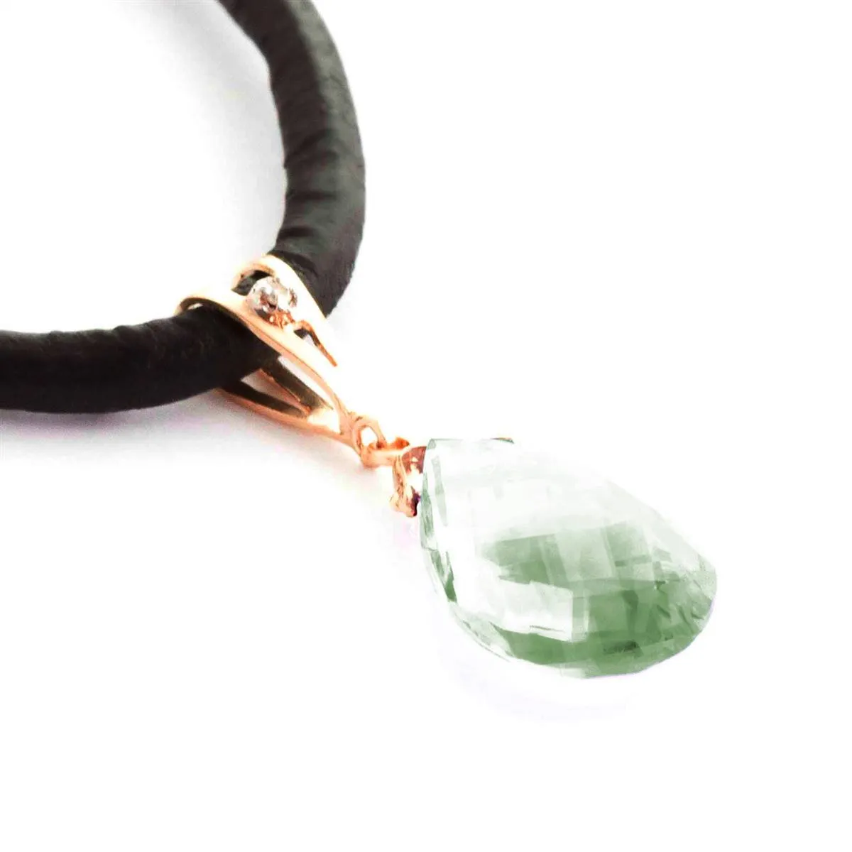 14K Solid Rose Gold & Leather Diamond/Green Amethyst Necklace