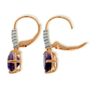 14K Solid Rose Gold Leverback Earrings w/ Natural Diamonds & Amethysts