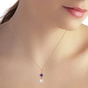 14K Solid Rose Gold Necklace w/ Natural Amethyst & Pearl