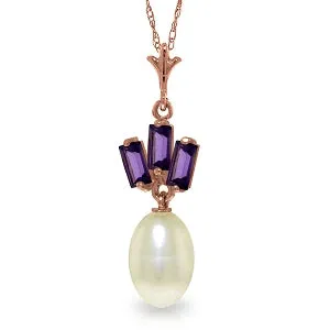 14K Solid Rose Gold Necklace w/ Pearl & Amethysts