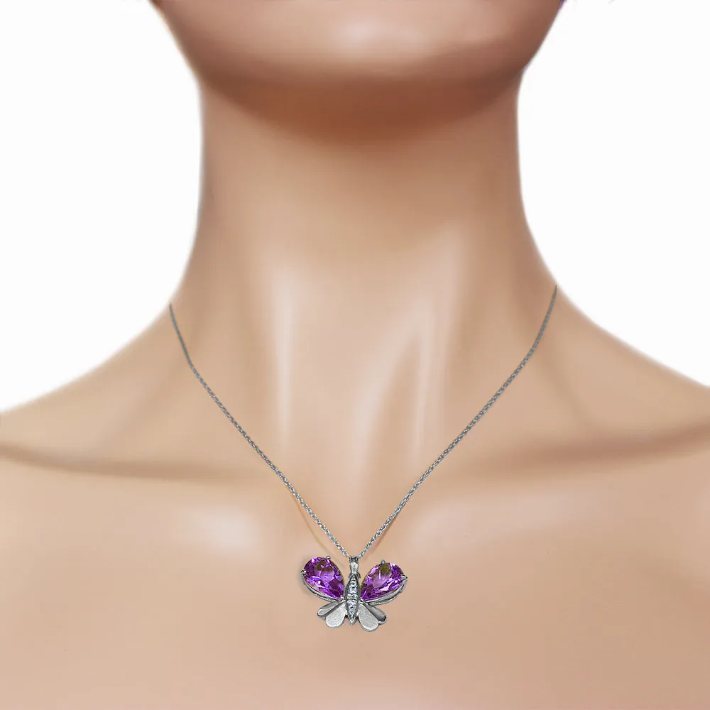 14K Solid White Gold Butterfly Necklace Natural Diamond & Amethyst Certified