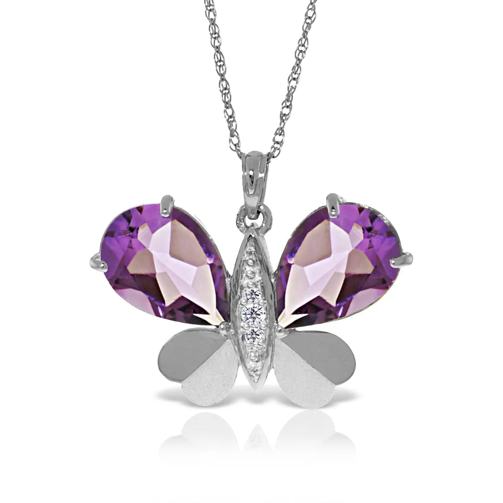 14K Solid White Gold Butterfly Necklace Natural Diamond & Amethyst Certified