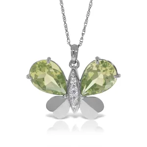 14K Solid White Gold Butterfly Necklace w/ Natural Diamonds & Green Amethysts