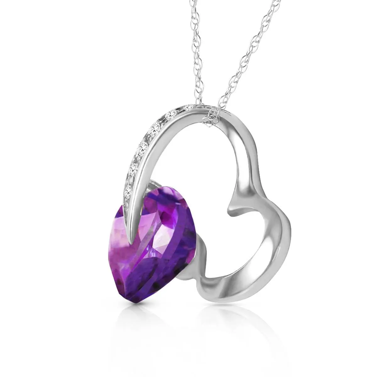 14K Solid White Gold Heart Necklace Natural Diamond & Amethyst