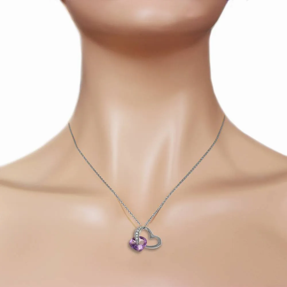 14K Solid White Gold Heart Necklace Natural Diamond & Amethyst