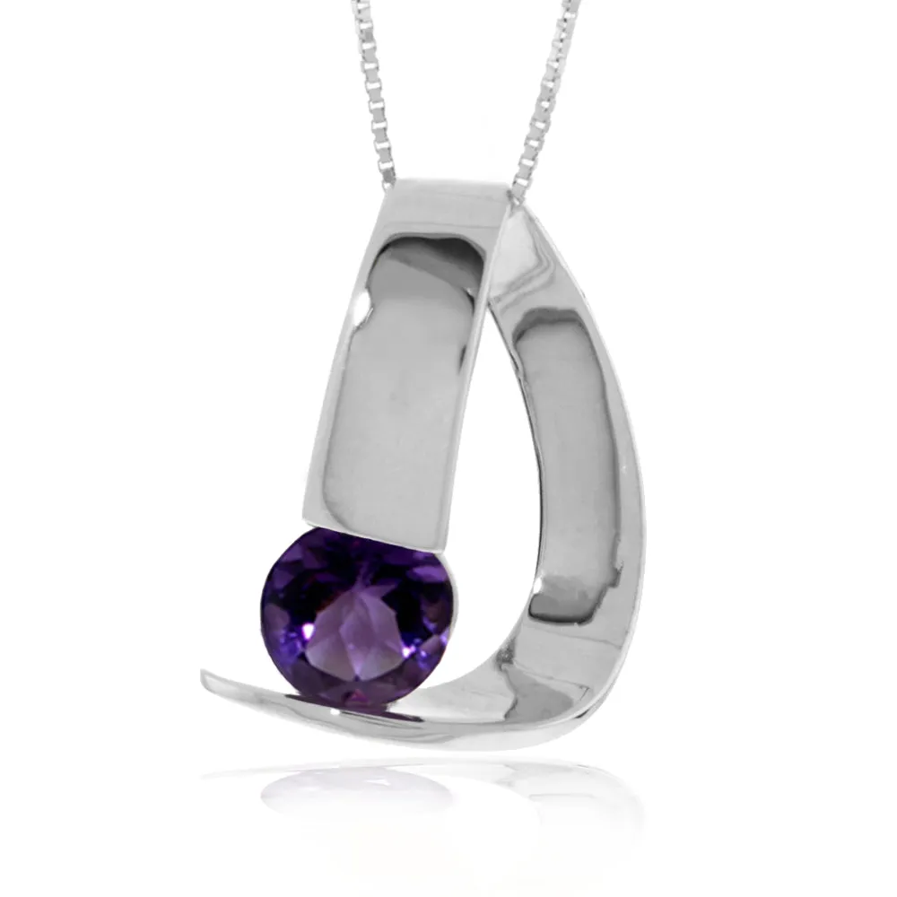 14K Solid White Gold Modern Necklace w/ Natural Amethyst