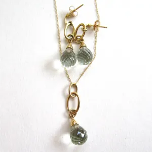 14K Yellow Gold Green Amethyst Necklace/Earrings Set