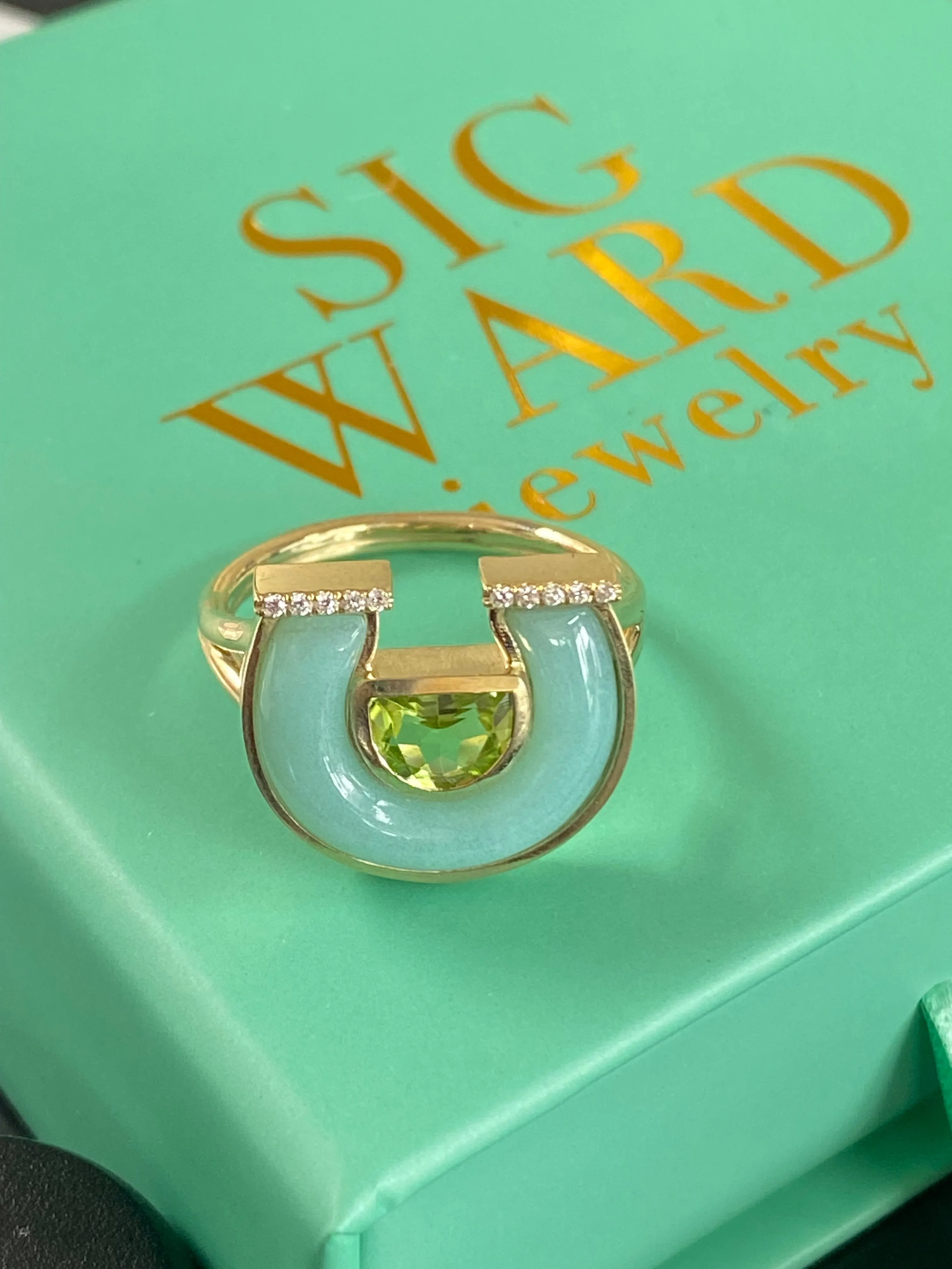 14K YG Peridot, Chrysoprase and Diamond Horseshoe Ring