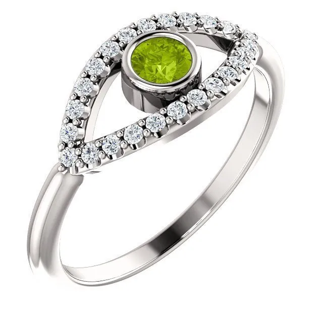 14KT GOLD 0.22 CT PERIDOT & 0.48 CTW WHITE SAPPHIRE EVIL EYE RING