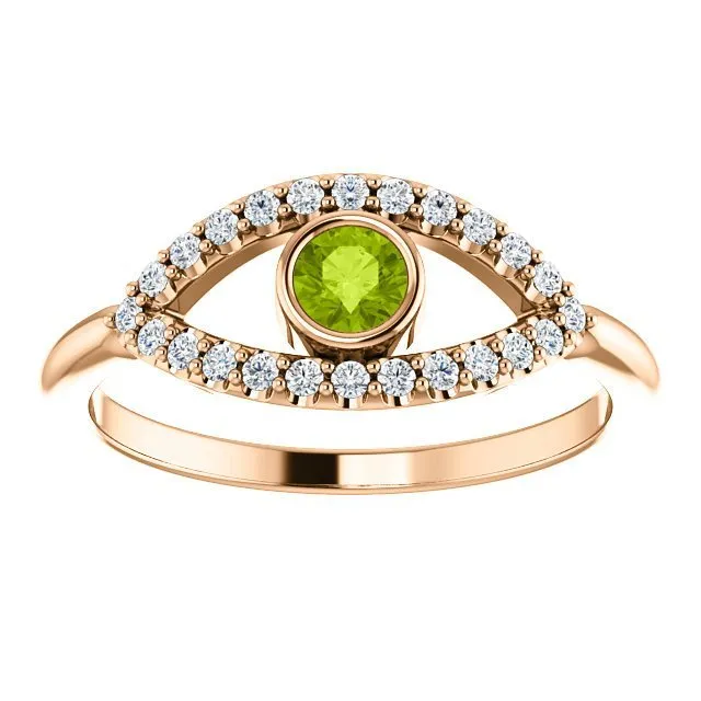 14KT GOLD 0.22 CT PERIDOT & 0.48 CTW WHITE SAPPHIRE EVIL EYE RING