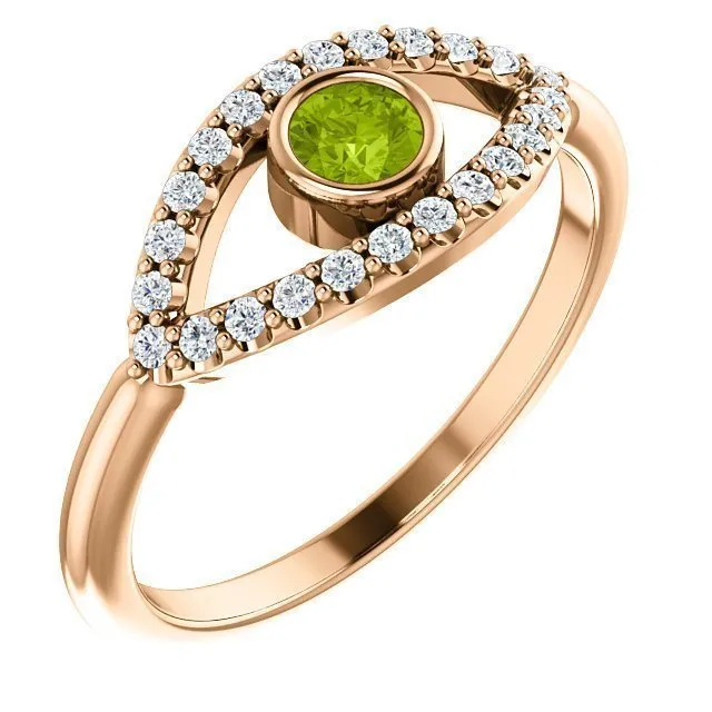 14KT GOLD 0.22 CT PERIDOT & 0.48 CTW WHITE SAPPHIRE EVIL EYE RING