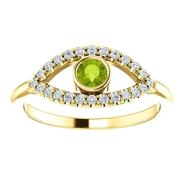 14KT GOLD 0.22 CT PERIDOT & 0.48 CTW WHITE SAPPHIRE EVIL EYE RING