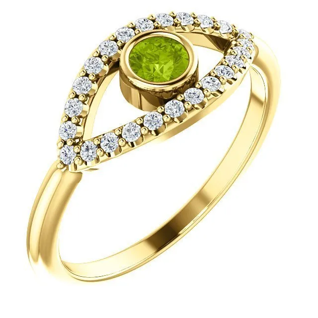 14KT GOLD 0.22 CT PERIDOT & 0.48 CTW WHITE SAPPHIRE EVIL EYE RING