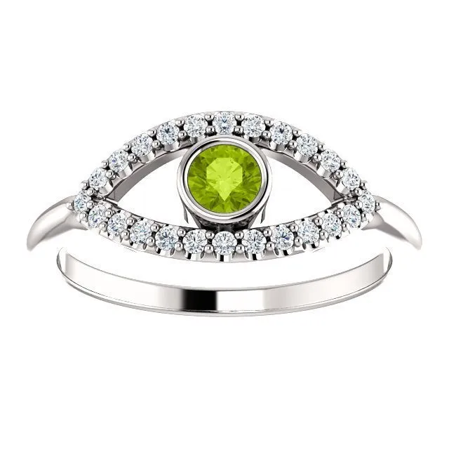 14KT GOLD 0.22 CT PERIDOT & 0.48 CTW WHITE SAPPHIRE EVIL EYE RING