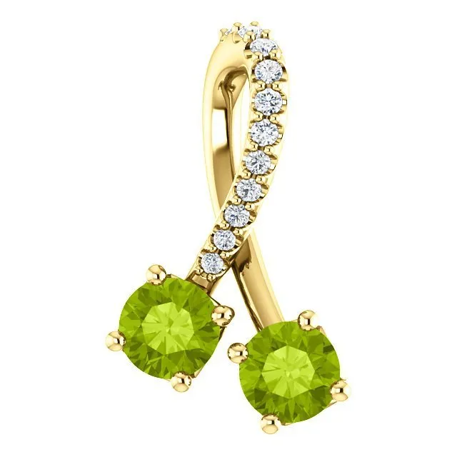 14KT GOLD 0.60 CTW PERIDOT & 0.05 CTW DIAMOND FREEFORM 2 STONE PENDANT