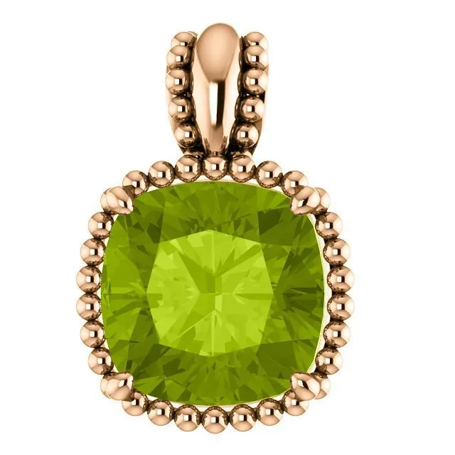 14KT GOLD 2.40 CT PERIDOT BEADED CUSHION PENDANT