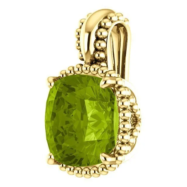 14KT GOLD 2.40 CT PERIDOT BEADED CUSHION PENDANT