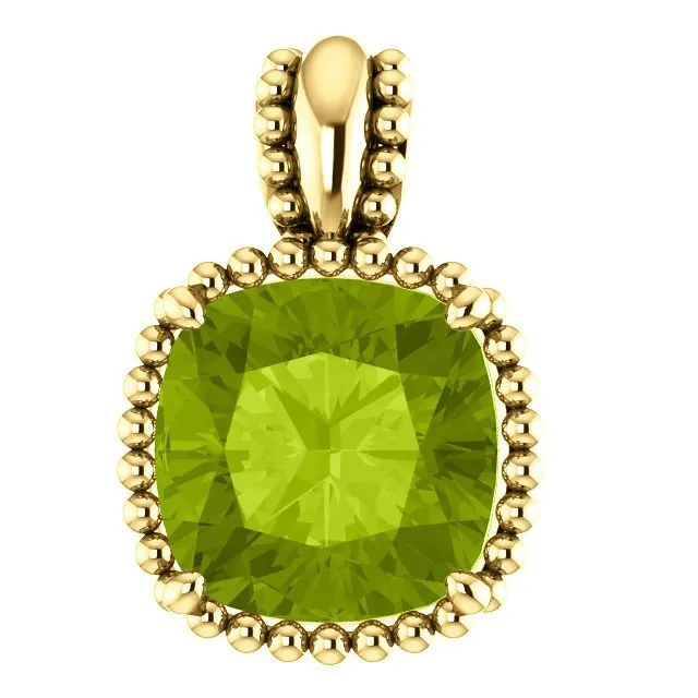 14KT GOLD 2.40 CT PERIDOT BEADED CUSHION PENDANT