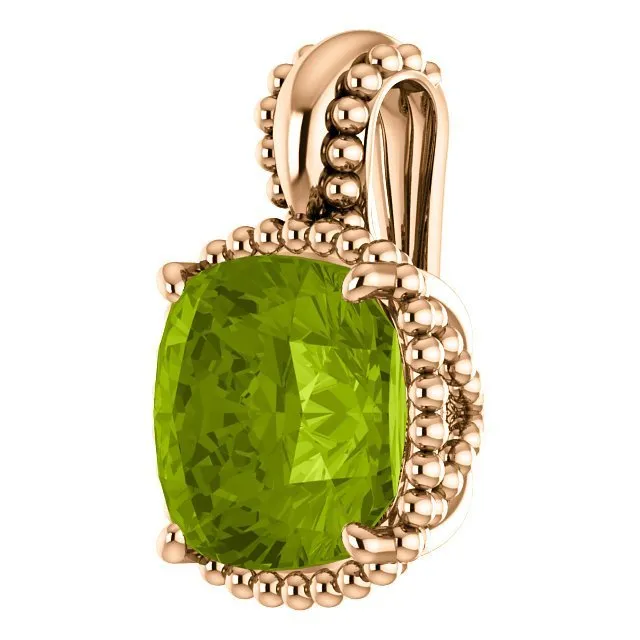 14KT GOLD 2.40 CT PERIDOT BEADED CUSHION PENDANT