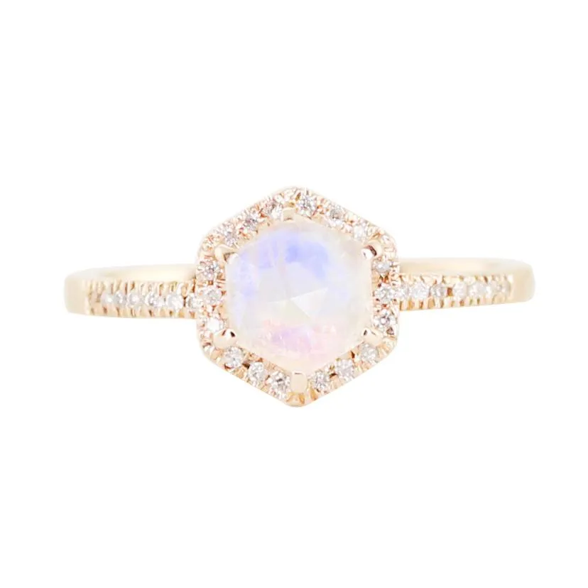 14kt Gold and Diamond Moonstone Hex Ring