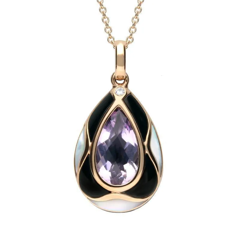 18ct Rose Gold Whitby Jet Diamond Amethyst Mother of Pearl Two Piece Set