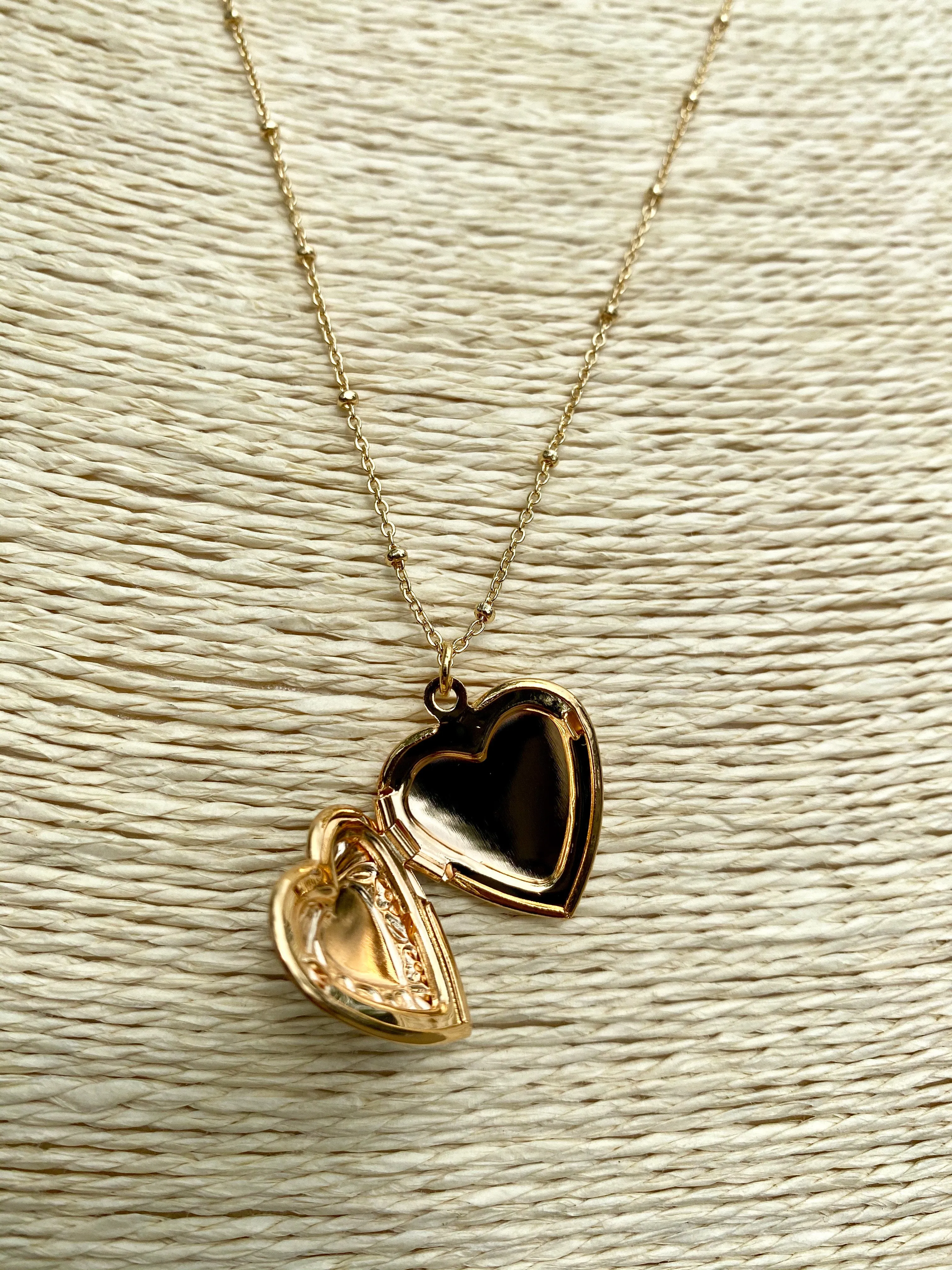 18K Gold Beaded Chain With Locket Heart Charm