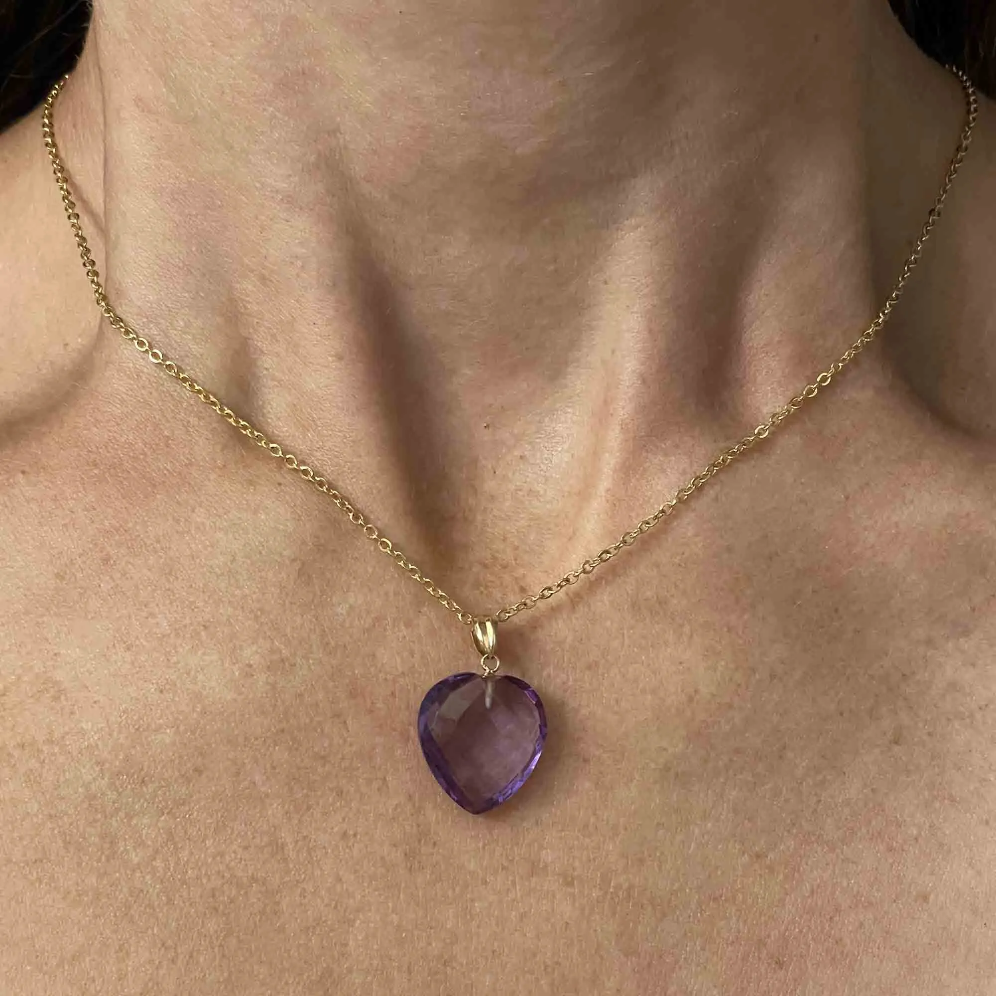 18K Gold Faceted Amethyst Heart Pendant Necklace