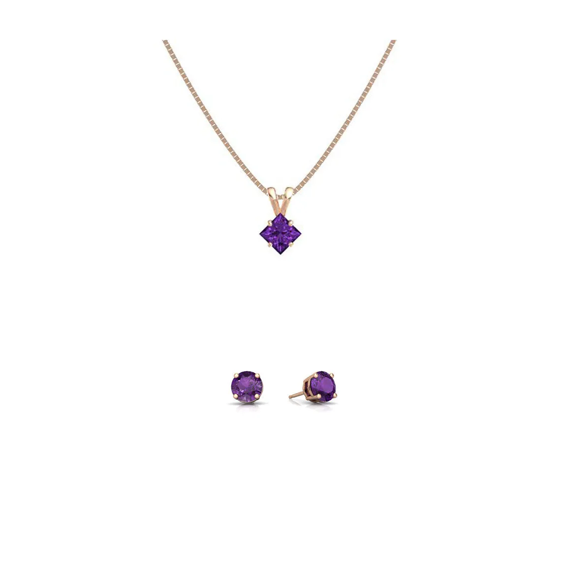 18K Rose Gold 2ct Amethyst Square 18 Inch Necklace and Round Earrings Set Plated