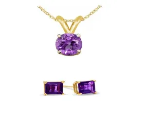 18K Yellow Gold 1/2ct Amethyst Round 18 Inch Necklace and Square Earrings Set Plated