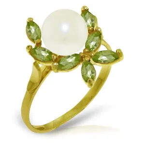 2.65 Carat 14K Solid Yellow Gold Ring Natural Peridot Pearl