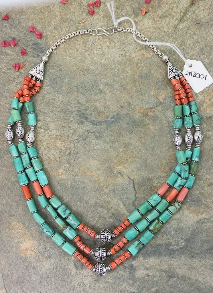 3 Strand Turquoise and Silver Tibetan Traditional Necklace