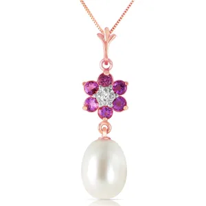 4.53 Carat 14K Solid Rose Gold Necklace Natural Pearl, Amethyst Diamond