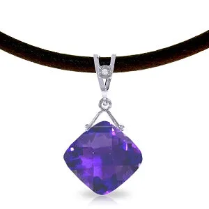 8.76 Carat 14K Solid White Gold Leather Necklace Diamond Purple Amethyst