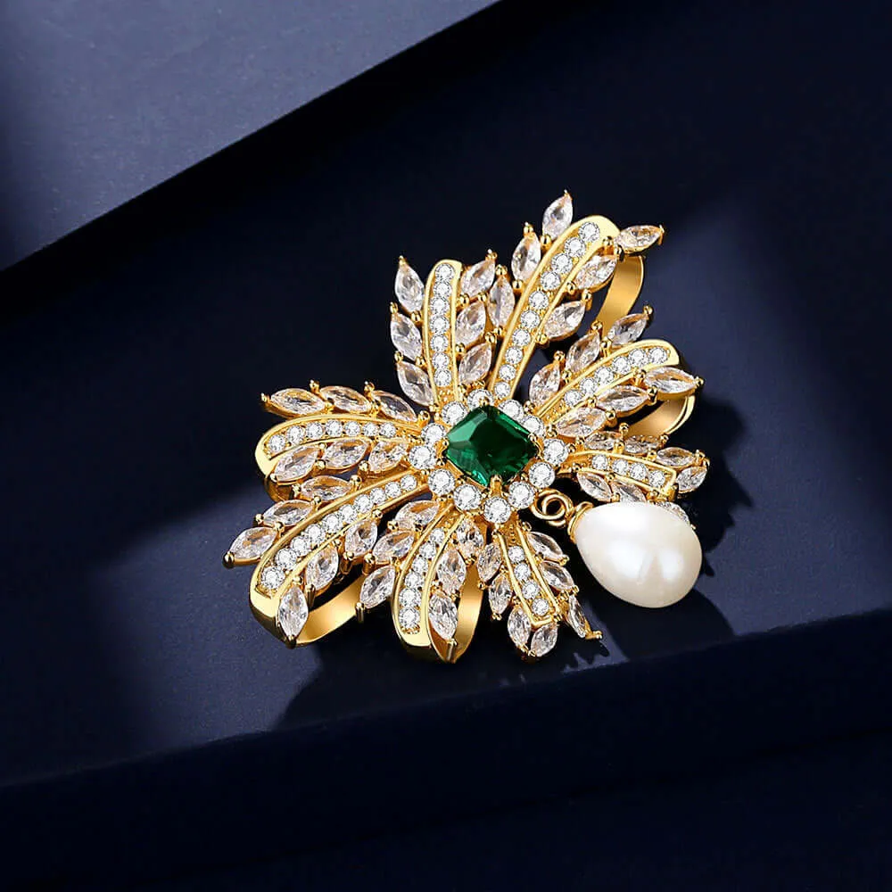 925 Silver Emerald Freshwater Pearl Bow Brooch