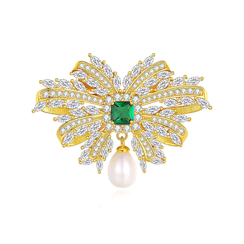 925 Silver Emerald Freshwater Pearl Bow Brooch