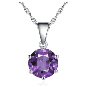 925 Sterling Silver Classic Amethyst CZ Round Necklace