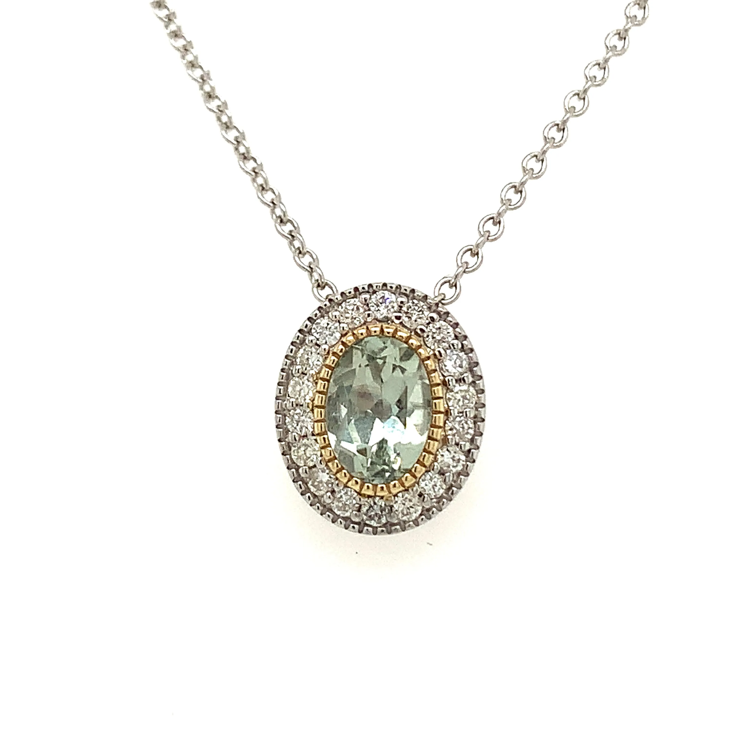 9ct Gold Two Tone 0.97ct Green Amethyst & Diamond Halo Pendant