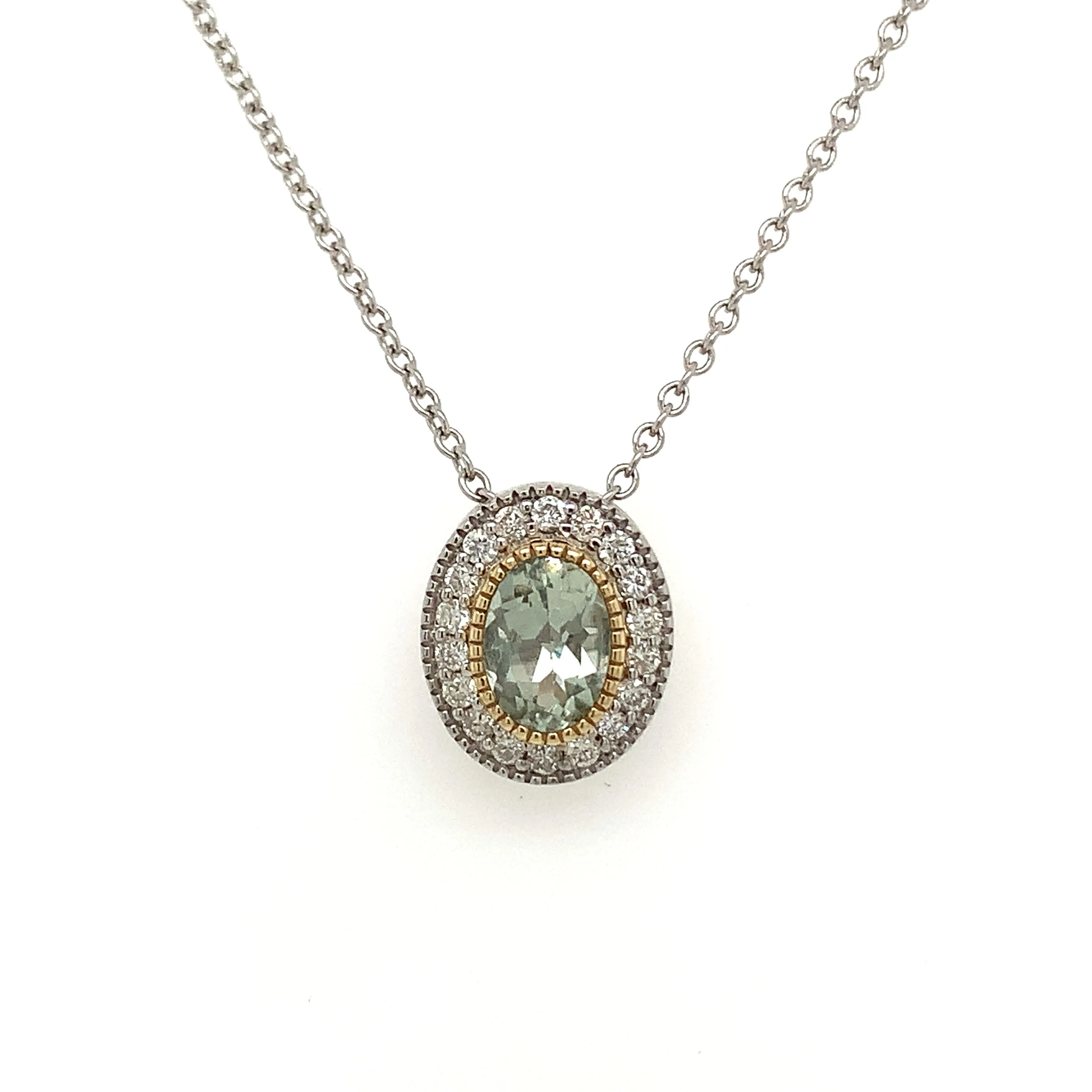 9ct Gold Two Tone 0.97ct Green Amethyst & Diamond Halo Pendant