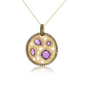 Amethyst and Diamond Disc Style Pendant with Mocha Diamond Halo