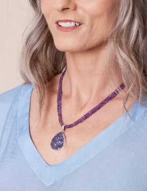 Amethyst Druzy Pendant Beaded Necklace - One of a Kind