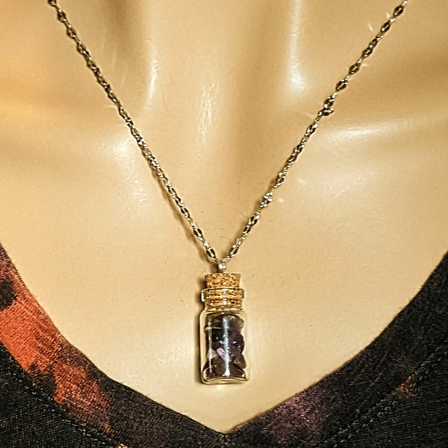 Amethyst Gemstone Aquarius Bottle Necklace, 20 or 24 inch, Silver/Gold