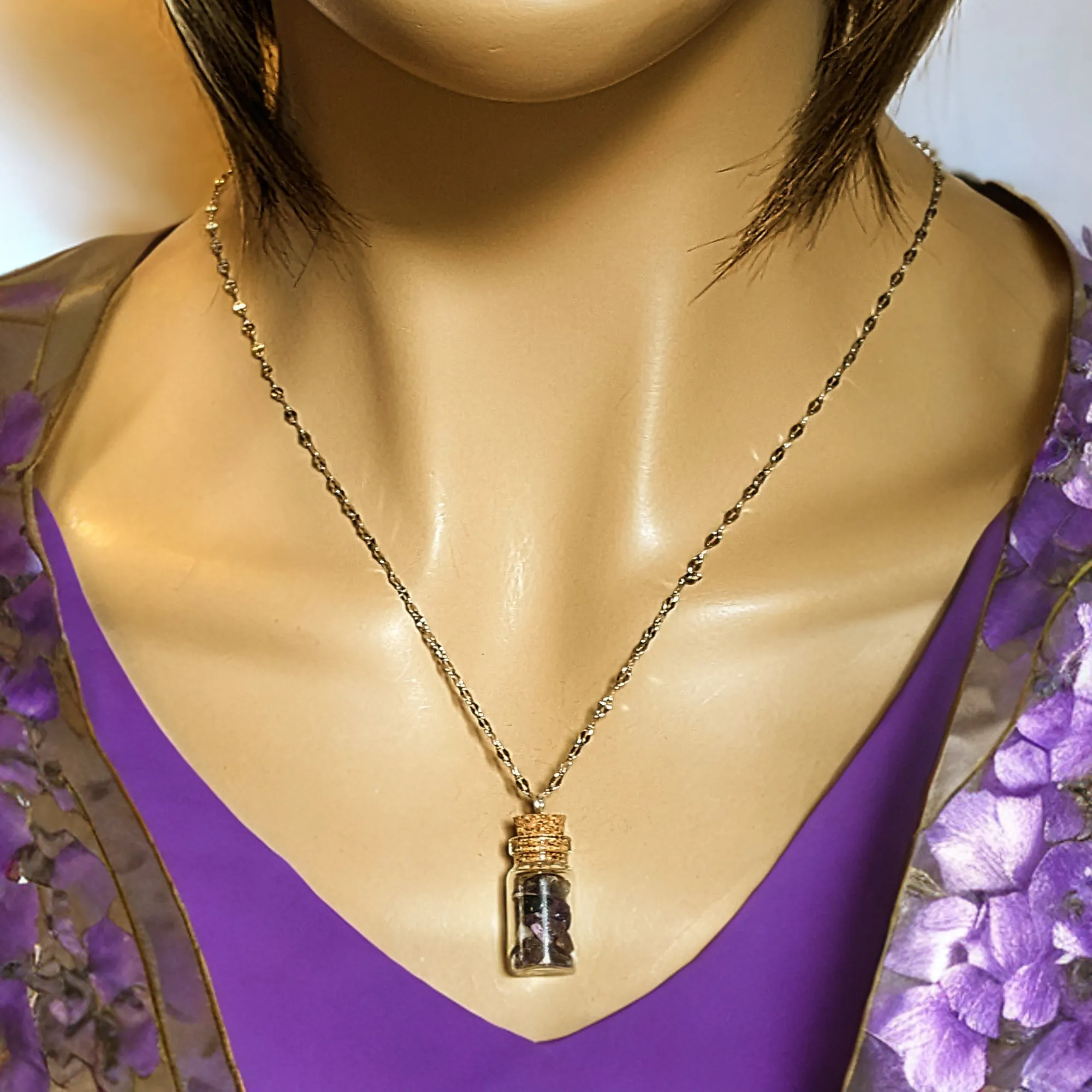 Amethyst Gemstone Aquarius Bottle Necklace, 20 or 24 inch, Silver/Gold